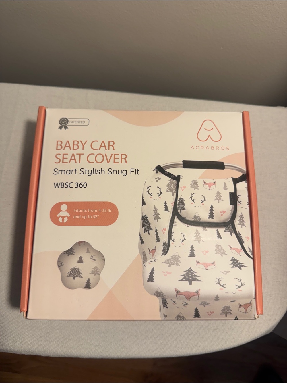 Acrabros Baby Car Seat Cover in White with Pink & Gray Woodland Print NEW